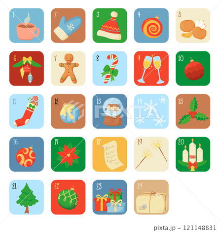 Colorful advent calendar featuring 24 festive icons, including Christmas decorations, treats, and holiday items. 121148831