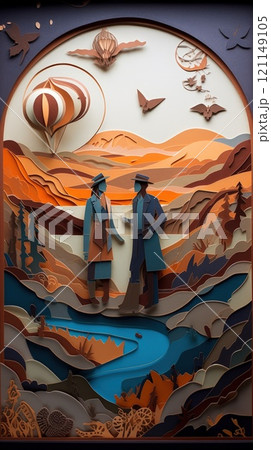 Lover and couple paper cut art with nature background. Generative AI Lover and couple paper cut art with nature background. Generative AI 121149105