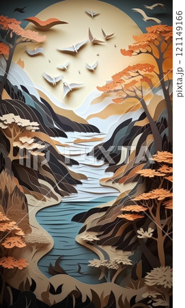 Beautiful colorful paper cut art design. Generative AI 121149166