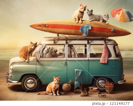 Adorable cat sittign on the car, ready for travel, summer concept. Generative AI 121149177