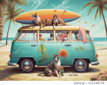 Adorable cat sittign on the car, ready for travel, summer concept. Generative AI 121149178