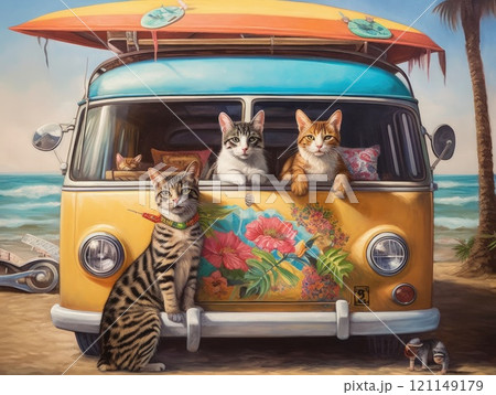 Adorable cat sittign on the car, ready for travel, summer concept. Generative AI 121149179