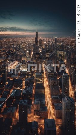 Cityscape of chicago at dusk with lights from the skyline. Generative AI 121149217