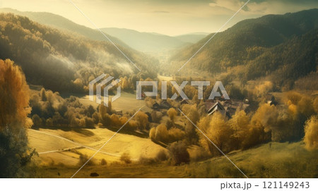 Image of mountain valley with mountains and a forest. Generative AI Image of mountain valley with mountains and a forest. Generative AI 121149243