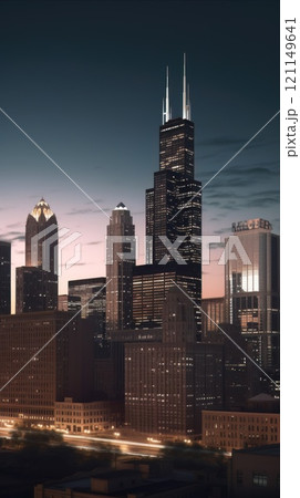 Cityscape of chicago at dusk with lights from the skyline. Generative AI 121149641