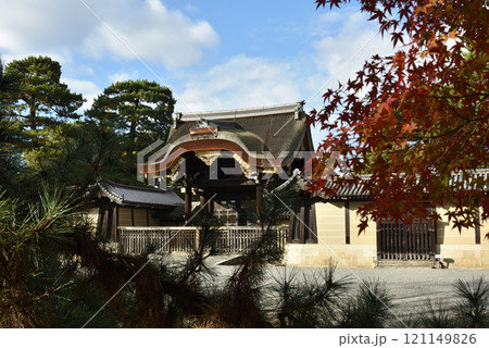 秋の京都御所　モミジと松に挟まれた建春門 121149826