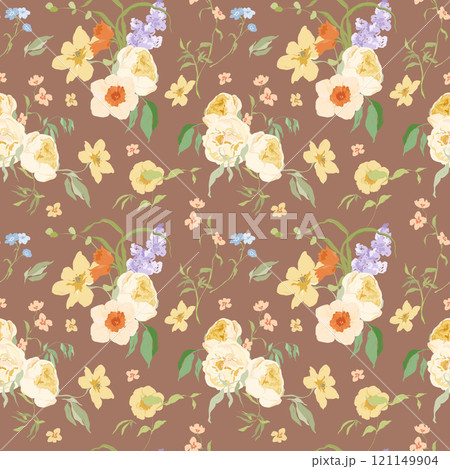 Watercolor abstract seamless pattern of narcissus, lilac and tulip. Hand drawn wildflowers isolated on dark background. Holiday Illustration for design, print, fabric or background. Watercolor abstract seamless pattern of narcissus, lilac and tulip. Hand drawn wildflowers isolated on dark background. Holiday Illustration for design, print, fabric or background. 121149904