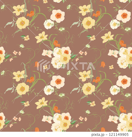 Watercolor abstract seamless pattern of narcissus, lilac and tulip. Hand drawn wildflowers isolated on dark background. Holiday Illustration for design, print, fabric or background. 121149905