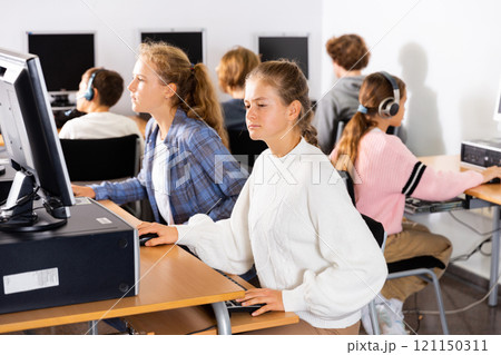 Teenager girls and boys studying in computer lab 121150311