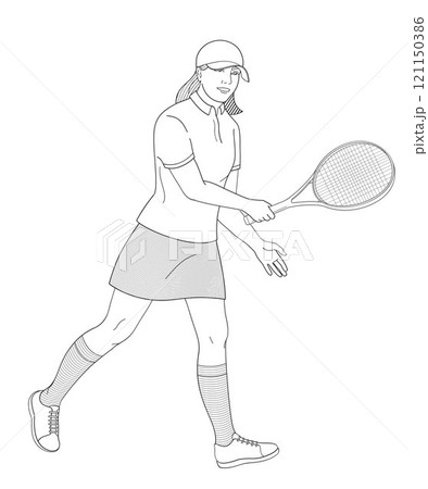 women in tennis uniform with tennis racket women in tennis uniform with tennis racket 121150386