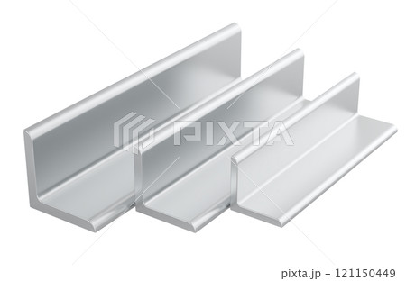 Steel Equal Leg Angles. Angle Bars, rolled metal. 3D rendering Steel Equal Leg Angles. Angle Bars, rolled metal. 3D rendering 121150449