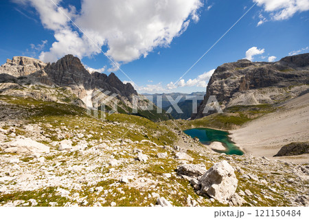 Small alpine lakes Laghi dei Piani in Italian Dolomite mountains 121150484