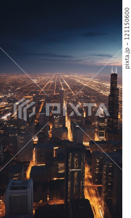 Cityscape of chicago at dusk with lights from the skyline. Generative AI 121150600