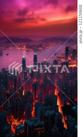 Beautiful pink sky sunlight above the city. Generative AI 121150608