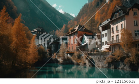 Beautiful old town surrounded by mountains view. Generative AI 121150618