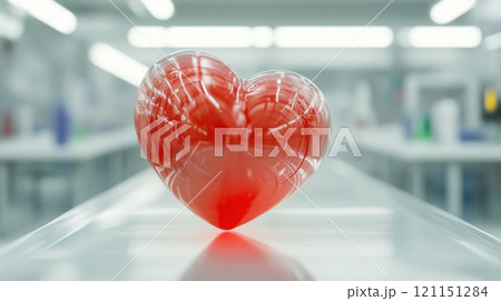 Heart-shaped glass sculpture in a modern, bright, and minimalistic setting, AI 121151284