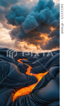 Molten lava flows through rugged volcanic terrain under dramatic storm clouds, AI 121151301