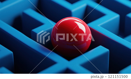 Red sphere resting on a blue maze, symbolizing challenge and strategy concepts, AI 121151500
