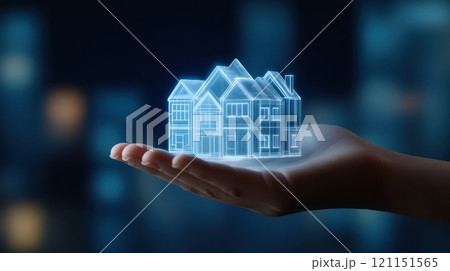 Hand holding a holographic house model, symbolizing futuristic real estate technology, AI 121151565