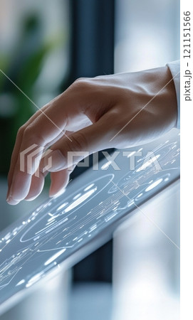 Hand interacting with futuristic digital interface, showcasing advanced technology, AI 121151566