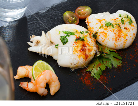 Roasted sepia served with shrimps Roasted sepia served with shrimps 121151721