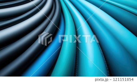 Curved lines of blue and black leather create a dynamic abstract pattern, AI 121151854