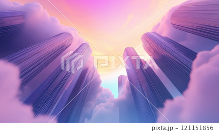 Skyward view of futuristic skyscrapers piercing through clouds at sunset, AI 121151856