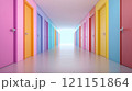 Colorful hallway with vibrant doors in a modern building, creating a playful and inviting atmosphere, AI 121151864