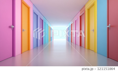 Colorful hallway with vibrant doors in a modern building, creating a playful and inviting atmosphere, AI 121151864
