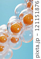 Molecular structure with orange spheres inside transparent bubbles on a blue background, AI 121151876