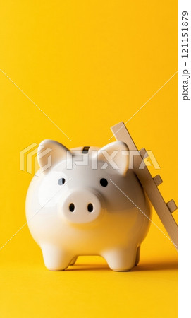 Piggy bank with wooden ladder on vibrant yellow background symbolizes financial growth, AI 121151879