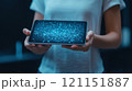 Tablet displaying a digital galaxy held by a person in a white shirt, AI 121151887
