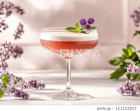 glass of purple color cocktail with violet flowers dcoration 121152057