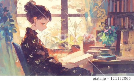 窓辺の読書を楽しむ女性｜秋の日差しが差し込む書斎と花々の彩りの