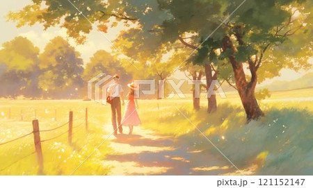 夕陽に照らされる田園小道を歩くカップル｜夏・自然・ロマンチック