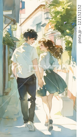 夏の街角を手をつなぎ歩く高校生カップル｜青春｜デート｜自然光 121152152