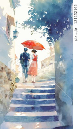 石畳の坂道を赤い傘をさして歩くカップル｜ロマンチック｜ヨーロッパ風｜デート｜自然光 121152166
