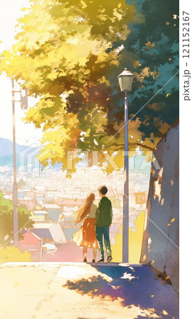 丘の上から街を眺めるカップル|ロマンチック|秋|自然|デート 丘の上から街を眺めるカップル|ロマンチック|秋|自然|デート 121152167