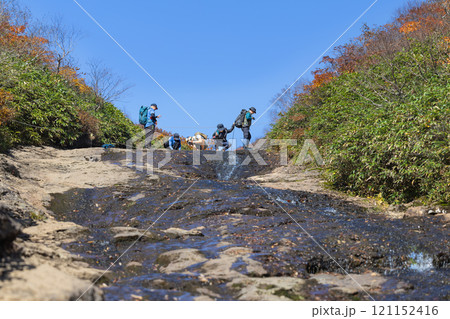 栗駒山登山道紅葉で快晴の東栗駒山コース沢わたり 121152416