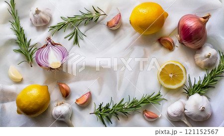 Fresh Ingredients: Garlic, Onions, Lemon, and Rosemary on White Background, an AI-powered design tool, and further refined to meet high-quality standards 121152567