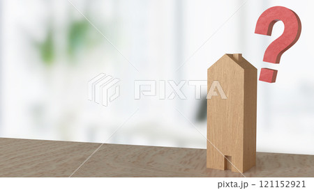 The wood  house and question mark for property concept 3d rendering. 121152921