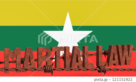 The  Martial law and barbed wire on Myanmar flag for Background concept 3d rendering. 121152922