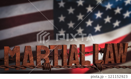 The Martial law and barbed wire on USA flag for Background concept 3d rendering. The Martial law and barbed wire on USA flag for Background concept 3d rendering. 121152923