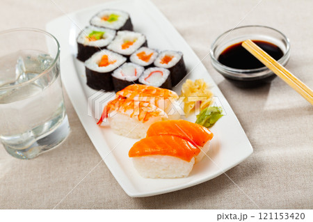 Futomaki, hosomaki and nigiris - japanese rolls closeup Futomaki, hosomaki and nigiris - japanese rolls closeup 121153420