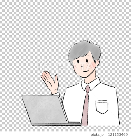 一名男性辦公室職員在筆記型電腦上線上交談的插圖 一名男性辦公室職員在筆記型電腦上線上交談的插圖 121153469