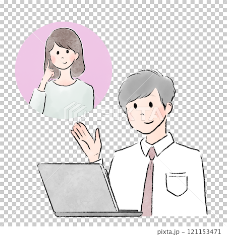 オンラインで男性が女性にアドバイスしているビジネスシーン 121153471