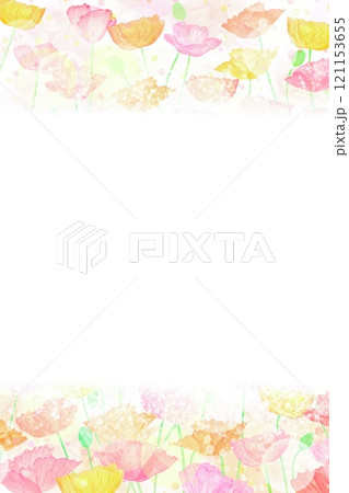 カラフルなポピーの花畑をイメージした春らしい縦長フレーム。水彩イラストを使用。 カラフルなポピーの花畑をイメージした春らしい縦長フレーム。水彩イラストを使用。 121153655