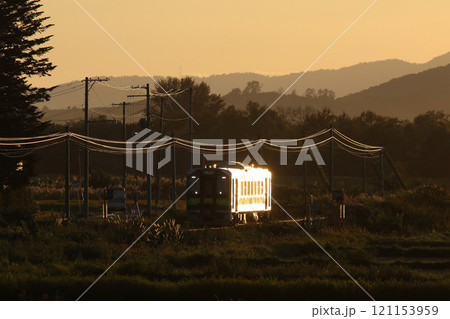 秋の夕日にボディを輝かせ走る石北本線普通列車列車　JR北海道一般形気動車　H100　DECMO 121153959