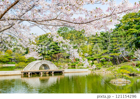 広島 春の縮景園　濯纓池と跨虹橋 121154296