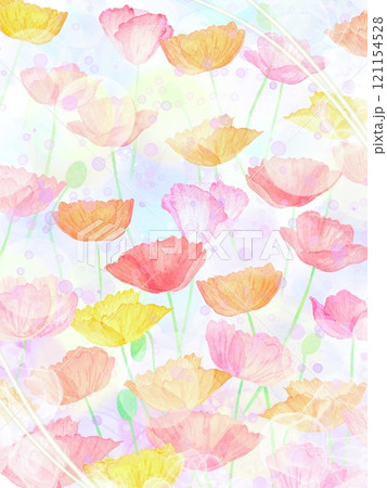 カラフルなポピーが一面に咲いている縦長の水彩イラスト。春満開の花畑の風景。 121154528